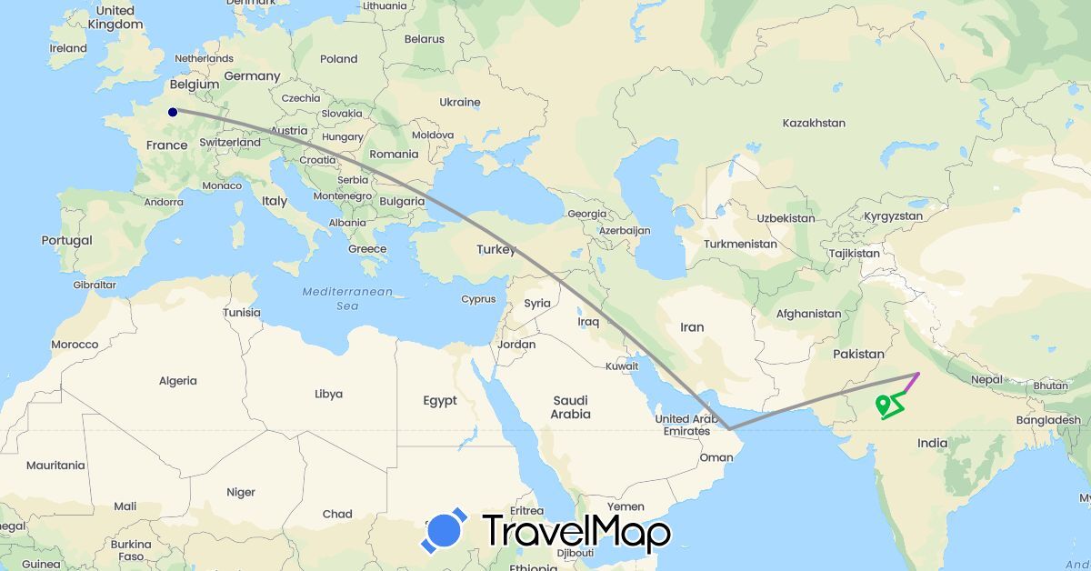 TravelMap itinerary: driving, bus, plane, train in France, India, Oman (Asia, Europe)